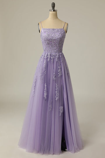 A Line Strapless Light Purple Long Formal Dress with Appliques